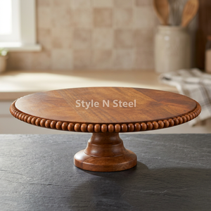 Support à gâteau rond en bois fait main, plateau de service perlé pour desserts, idéal pour mariages, fêtes et décoration intérieure - Product Image 4