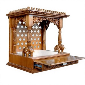 Exquisite Carved Divine Temple for Home Traditional Handcrafted Pooja <b>Mandir</b> for Home Teak Wood Home Temple With Sliding Tray - Product Image 5