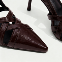 Élégantes Sandales à Talons Aiguilles Bordeaux Vernies pour Femme, Bout Pointu, Bride Croisée, Fermeture Cheville, Idéales Soirées, Vente en Gros