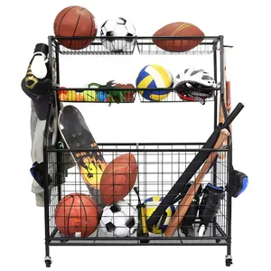 Rak Penyimpanan Peralatan Olahraga Logam Luar Ruangan Garage Basketball Organizer untuk Bola Troli Luar Ruangan dengan Keranjang dan Kait