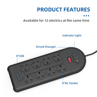 Multiprise 16A à 8 prises UK avec protection contre les surtensions, 4 ports de charge USB, protection incendie, rallonge ABS