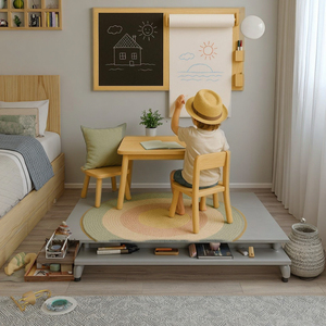 Tablero de actividades de pared de madera inspirado en Montessori, <span class=keywords><strong>pizarra</strong></span> y rollo de papel, estación de dibujo para niños, otros muebles para niños - Product Image 5