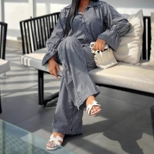 Women's Striped Button-<b>Down</b> Bell-Sleeve Long-Sleeve Shirt & Wide-Leg <b>Pants</b> African Casual 2-Piece Set Fashion - Product Image 4