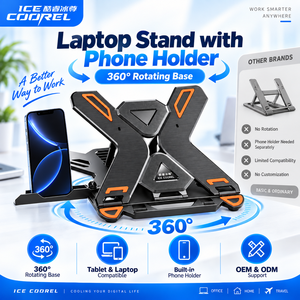 ICE COOREL – support pour ordinateur portable avec support pour téléphone, base rotative à 360 degrés, coussin de refroidissement en aluminium et plastique, pour le bureau, la maison et les voyages - Product Image 1