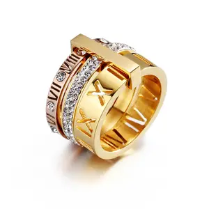 Fashion Luxury Waterproof Jewelry 18K Gold Stainless steel Roman Numerals Cubic Zirconia Big Bold Finger Rings YF2931