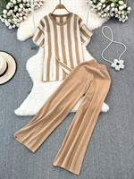 Ensemble de Mode Femme Col Rond Pull Rayé Ample Irrégulier et Pantalon Large Taille Haute Deux Pièces