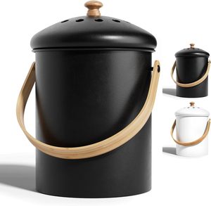 Kitchen Counter <strong>Compost</strong> Bin Black Standing Storage Bucket <strong>Wood</strong> Handles Double-Layered Charcoal Filters - Product Image 1