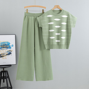 Women's <b>Knitted</b> Sweater <b>Set</b> With Contrast Stripes Breathable Polyester Wide Leg Pants 2026 Summer Casual Outfit - Product Image 2