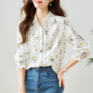 Lace Lapel Long Sleeve Shirt <strong>Women's</strong> Summer New Elegant Lady Pure Cotton Embroidery Shirt - Product Image 3