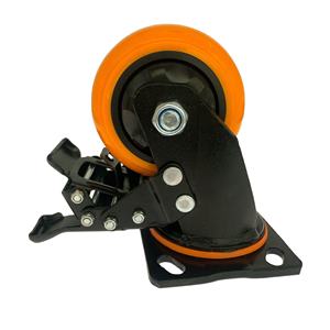 5mm Platten dicke Schwarze Halterung 4 Zoll Korea Style Heavy Duty Orange PU Rollen mit schwarzer Staubs chutz hülle und Doppel bremse - Product Image 4
