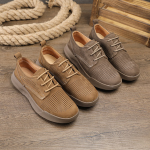 Chaussures décontractées pour hommes en cuir à lacets, bout rond, semelle respirante en EVA, été, 38-44, doublure en cuir véritable - Product Image 1