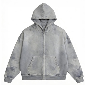 Sudadera con capucha gris tie-dye con cremallera y bolsillo canguro para hombre, estilo urbano, informal, holgada - Product Image 1
