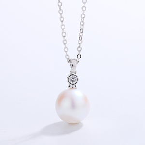 Copper Bezel Set Single CZ Top <b>Large</b> Round Freshwater <b>Pearl</b> Drop Pendant <b>Necklace</b> Classic Minimalist Jewelry for Women - Product Image 4
