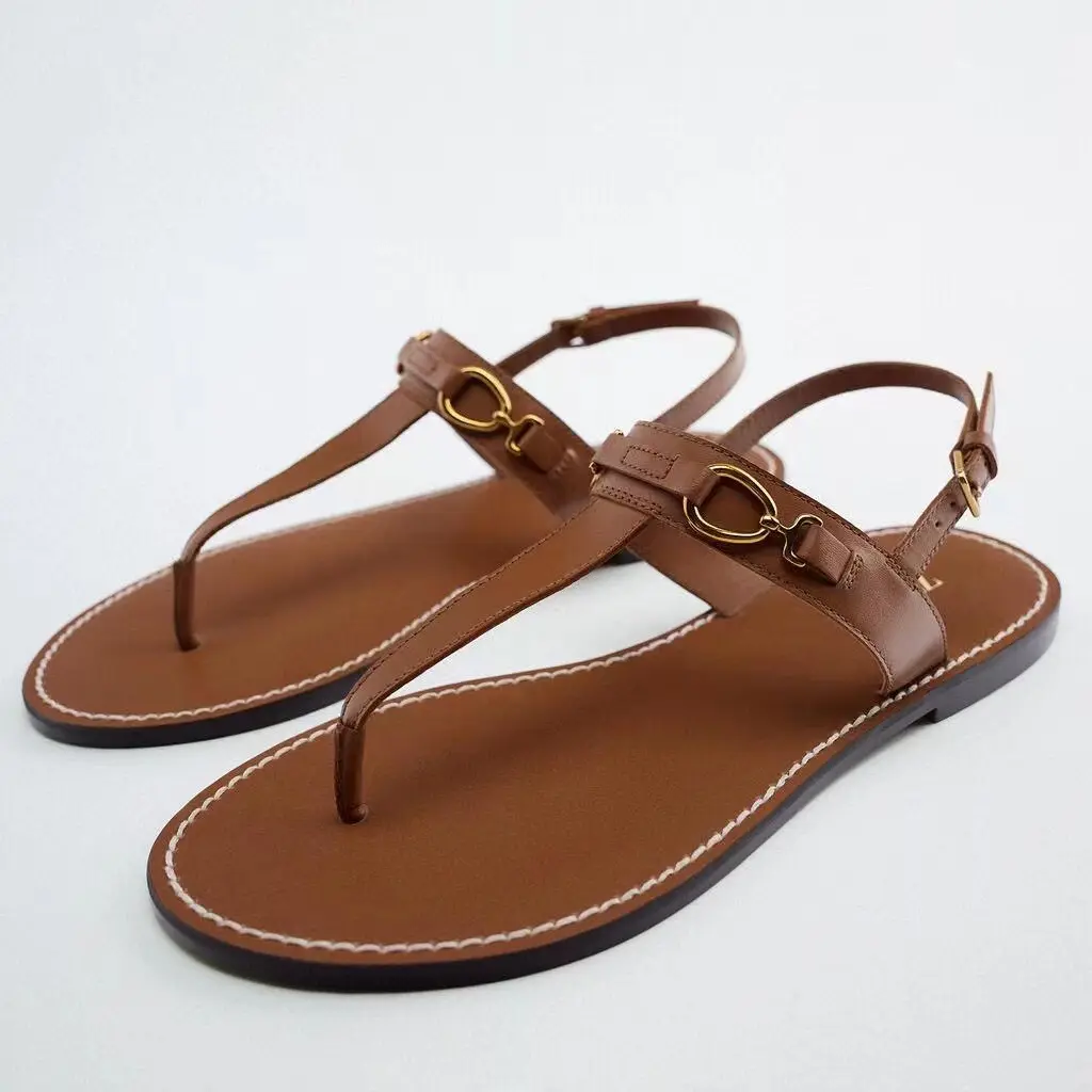 Esigner-Sandalias con cinturón de cuero para mujer, zapatillas planas de EVA de lujo, zapatillas de playa de verano