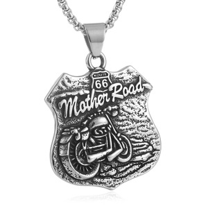 Yunnique – collier avec pendentif moto Mother Road 66, bouclier en acier inoxydable pour hommes, cadeau, couleur argent, chaîne de 3.0x60cm - Product Image 1