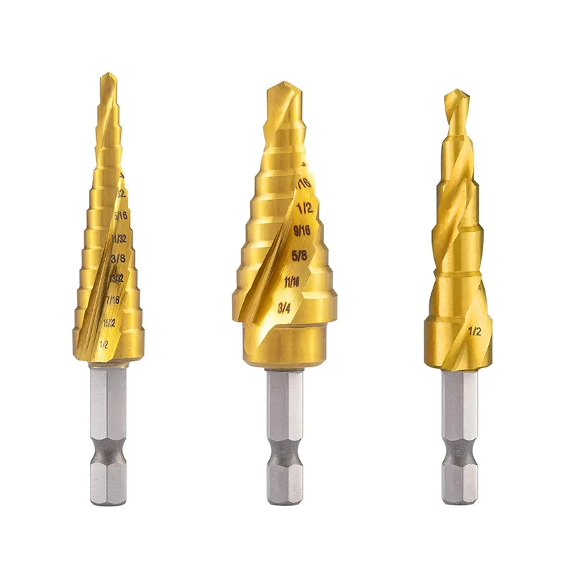 3Pcs Set 1/8 ''-1/2'', 1/4 ''-3/4'', 3/16 ''-1/2'' HSS Spiral Groove Hex Shank Titanium Dilapisi Langkah Bor Bit Set Dalam Tas Kain