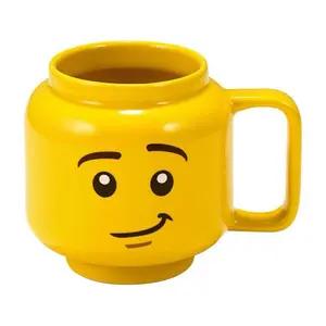 Tazas de cerámica de 250ml para Lego, taza amarilla para la cabeza de un hombre pequeño, taza de dibujos animados con cara sonriente para amigos y niños