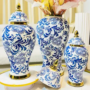 중국 복고풍 바구니 색상 파란색과 흰색 도자기 빛 럭셔리 전기도금 일반 꽃병 베란다 장식