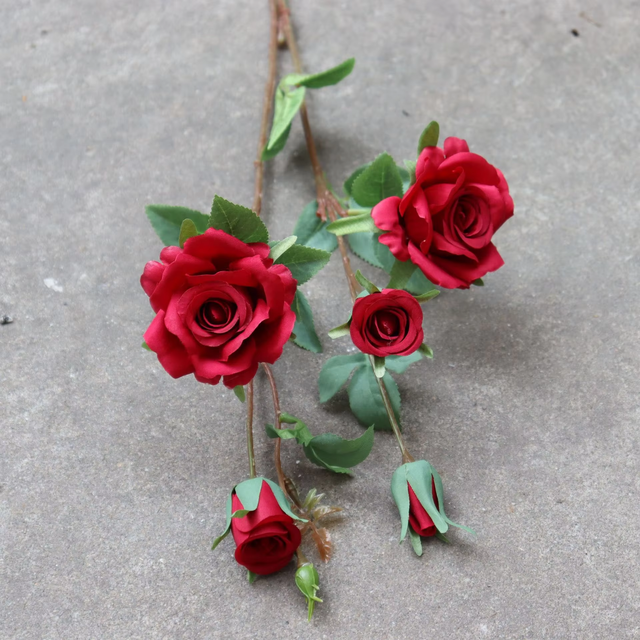 Wholesale High Quality Decorative Wedding Flowers Artificial Silk Long Stem 4 Heads Red Rose for Home Wedding Decoration