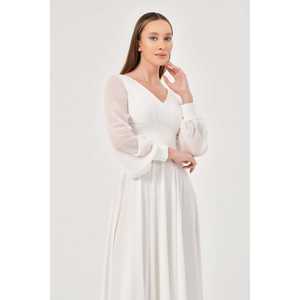 Elegante vestido de noche de gasa con cuello en V, cintura imperio, línea A, manga larga, capa transparente, vestido de fiesta formal, negro - Product Image 5