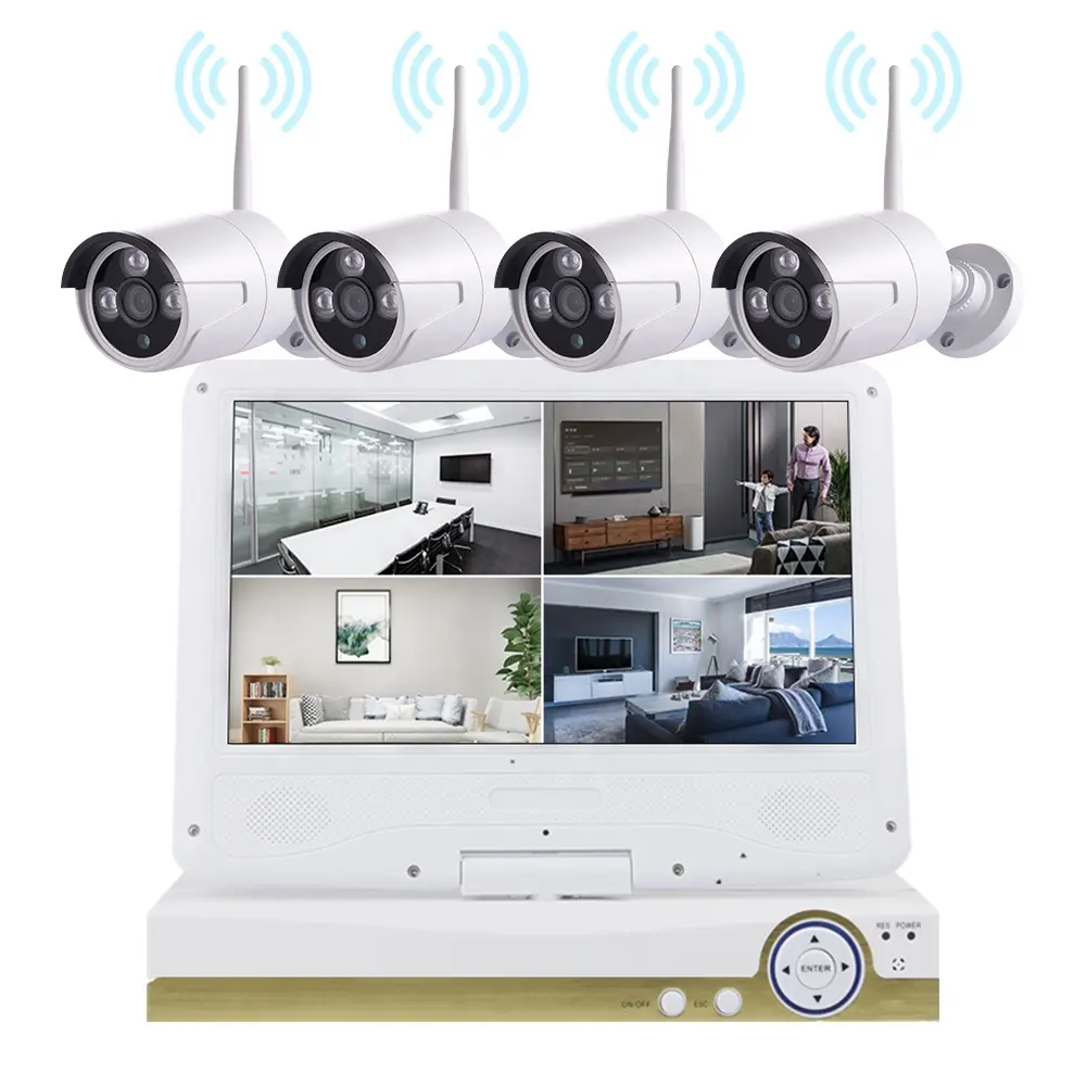 Kamera Rumah Nirkabel Sistem Pengawasan Video, Kit 4CH NVR 1080P Sistem Keamanan CCTV 10.1 "Monitor 4 Buah WiFi IP Cam Luar Ruangan