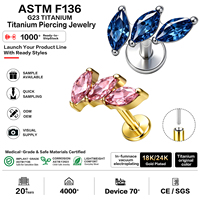 Bijou de piercing corporel en titane G23 ASTM F136 avec zircon, sans filetage, de qualité implant, pour tragus, hélix, cartilage d'oreille, type push-pin ou labret