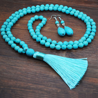 Parure de bijoux vintage turquoise pour femme, hypoallergénique, anti-décoloration, avec grandes boucles d'oreilles, bracelet et collier, faible MOQ