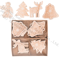 Ensemble de 4 décorations de Noël en bois : ange, renne, cloche, style rustique naturel, à suspendre, boîte cadeau, ficelle de jute, pour les fêtes de Noël