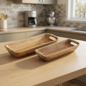 Wooden Rectangle Trays Set of 2 Rustic Handcrafted Decorative Serving Tray with Handles <b>for</b> Home Kitchen Use - Product Image 1