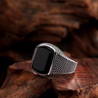 Bague Noire Vintage en Argent Sterling 925 Véritable pour Hommes, Bijoux Turcs avec Pierre d'Agate Naturelle