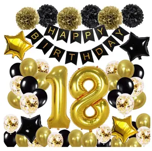 お誕生日おめでとうガーランドポンポン18歳の誕生日デコレーションブラックゴールドバースデーバルーンセット