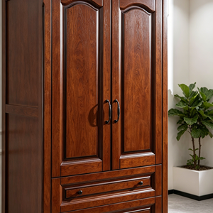Armario Espacioso de Madera Maciza con Cajones, Armario de Almacenamiento Vintage de 2 Puertas, Armario para Ropa con Acabado en Nogal para Apartamento - Product Image 5