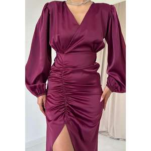 Robe de soirée en satin violet à col en V, style romantique de luxe, taille XL, simple, pour mariage, longueur au sol, vente en gros - Product Image 2