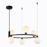 Lustre suspendu LED moderne de luxe à hauteur réglable, 6 lumières, cadre en laiton doré, boules de verre blanc laiteux, pour salon et chambre à coucher