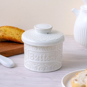 Pot à beurre en céramique gaufrée avec glaçure effet four blanc, rétro, avec couvercle, pour le rangement du fromage et du beurre, pour la cuisine domestique - Product Image 1