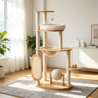ScratchTower 127cm Arbre à chat moderne en bois d'hévéa, griffoir vertical en sisal, bol-capsule en acrylique transparent, nid en peau de mouton, carton roulant