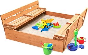 Kids Outdoor Sandpit Wooden Natural Fot 2 to 4 Years <b>Children</b> Cover <b>Benches</b> Closable Weed Control Fabric - Product Image 4