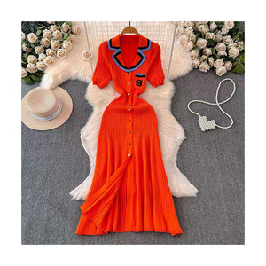 Women's Casual Summer <strong>Dresses</strong> Wholesale Short Sleeve Long Sweater Knit with Crew Neck and Button Decoration Clashing Colours - Product Image 1