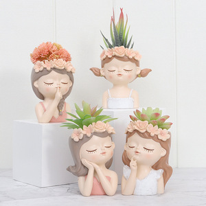 Juego de 4 Macetas de Resina con Forma de Cabeza de Chica, Maceta para Suculentas con Corona de Flores, Decoración Kawaii para el Hogar, Figura Decorativa, Regalo Artístico al por Mayor, Decoración para Dormitorio OEM - Product Image 1
