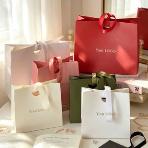 Factory Custom Small <b>Paper</b> <b>Gift</b> <b>Bag</b> Matte Cardstock Satin Ribbon Handle Die Cut Square Shape for Brand Packaging Low MOQ - Product Image 5