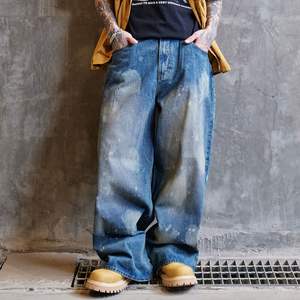 Jeans in <span class=keywords><strong>Denim</strong></span> Lavato all'Acido di Alta Qualità per Uomo, Design Effetto Invecchiato e Sporco, Stile American Street Baggy - Product Image 2