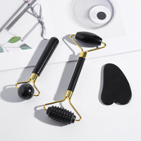 Ensemble de masseur facial en jade noir en trois parties avec rouleau et bâton de massage pour le visage