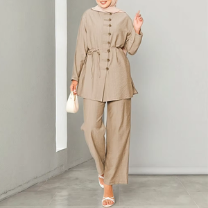 Alla rinfusa modeste da donna eleganti abiti musulmani medio-orientali Dubai due pezzi completo camicia a maniche lunghe a maniche lunghe camicetta pantaloni da donna - Product Image 1