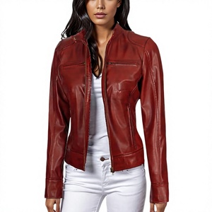 Chaqueta de Moto de Cuero Genuino Rojo para Mujer, Manga Larga, Cuello Alto, Cierre de Cremallera, Estilo Otoñal, Diseño Personalizado con Logotipo, Venta al Por Mayor 2026 - Product Image 1
