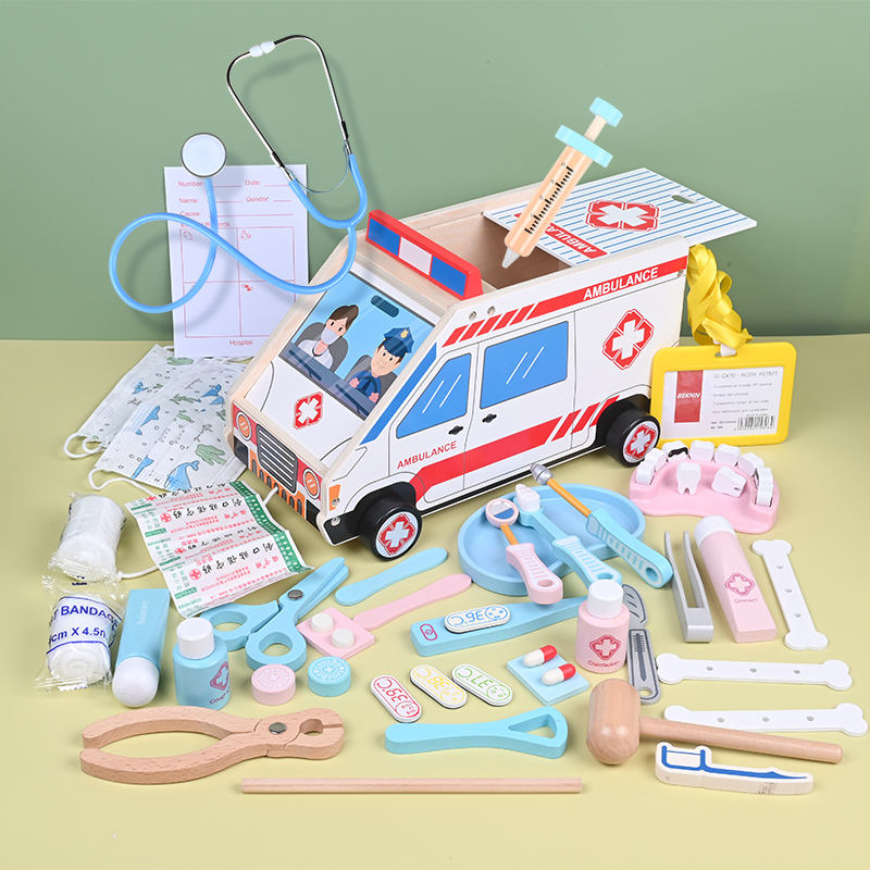 Children's Wooden Ambulance Play Set with Stethoscope and Much More Doctor  Toy for Role Play Set for Years Old Girls and Boys