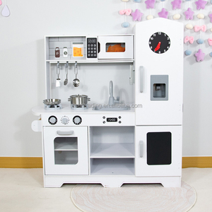 Modern White Wooden Play Kitchen with Vintage Clock Fridge, <b>Microwave</b>, Stove & Sink, Premium Pretend Cooking <b>Set</b> for Kids - Product Image 2
