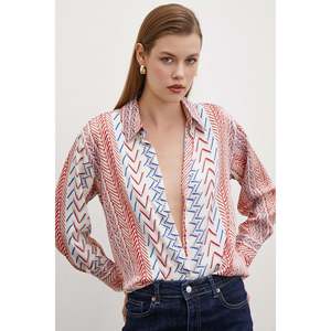 Camisa de Botones con Estampado Étnico para Mujer, Popelina Roja, Informal, para Uso Diario - Product Image 3