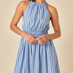 Vestido Midi de Lino a Rayas para Mujer, Cintura Alta, Estilo Casual, Holgado, de Algodón y Satén, para Verano, Sexy, en Oferta - Product Image 2