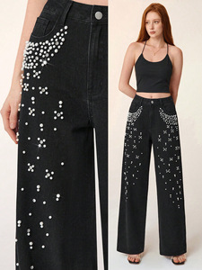 Jeans da Donna a Gamba Larga con Perle e Strass, Vita Alta, Stile Y2K, Vestibilità Ampia e Trendy - Product Image 4