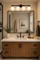 Meuble-lavabo de salle de bain en bois de style transitionnel avec un seul lavabo et portes Shaker pour projet hôtelier